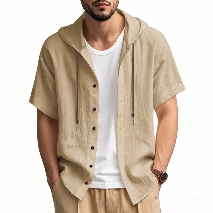 Men's breathable short sleeve hoodie made of linen blend with wooden button placket and drawstring Mune Fashion