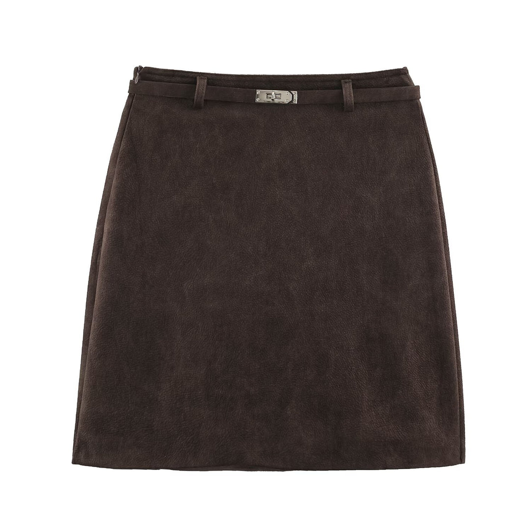 Women A-line mini skirt made of faux suede with narrow decorative belt Mune Fashion