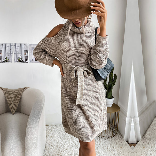 Women's Off-Shoulder Turtleneck Knit Dress with Waist Belt Mune Fashion