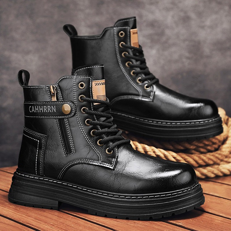 Men's robust leather look combat boots with side zipper and padded platform sole Mune Fashion