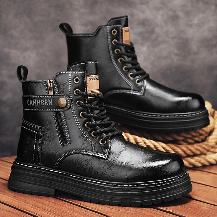 Men's robust leather look combat boots with side zipper and padded platform sole Mune Fashion