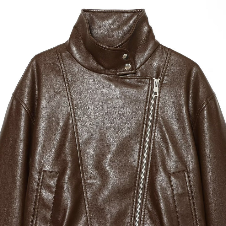 Women tailored leather-look biker jacket with high funnel collar Mune Fashion