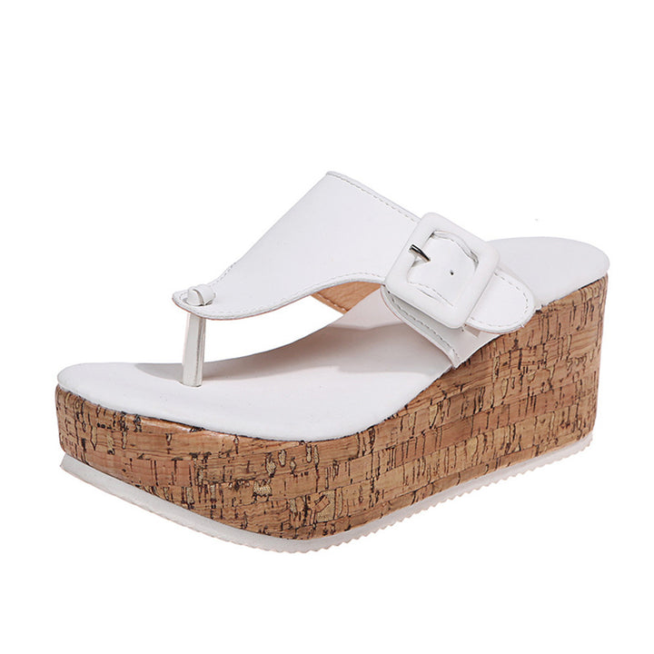 Women's Kork wedge flip-flops with wide padded strap and adjustable buckle application Mune Fashion