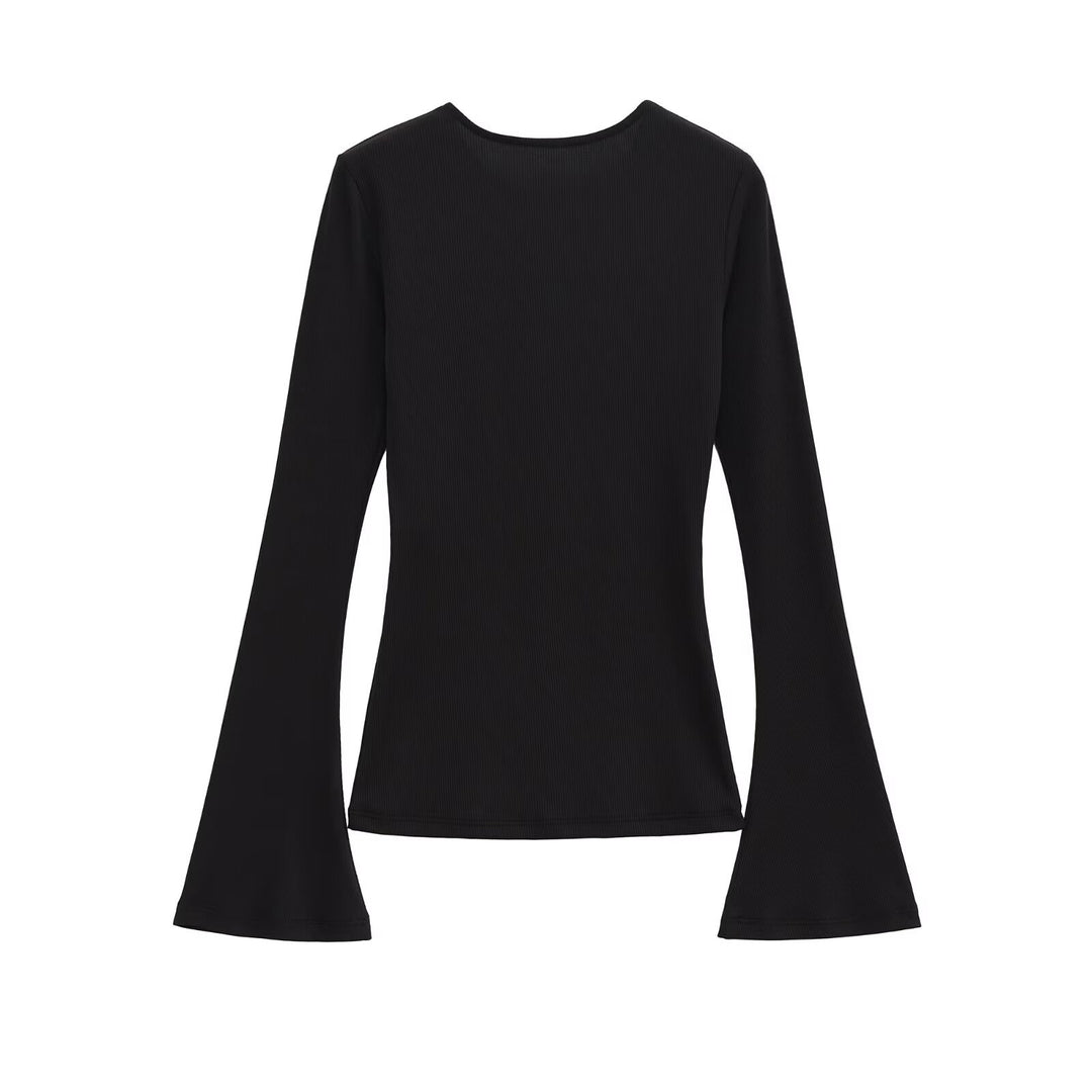 Women's Figure-Hugging Ribbed Shirt with Off-the-Shoulder Neckline and Flared Bell Sleeves Mune Fashion