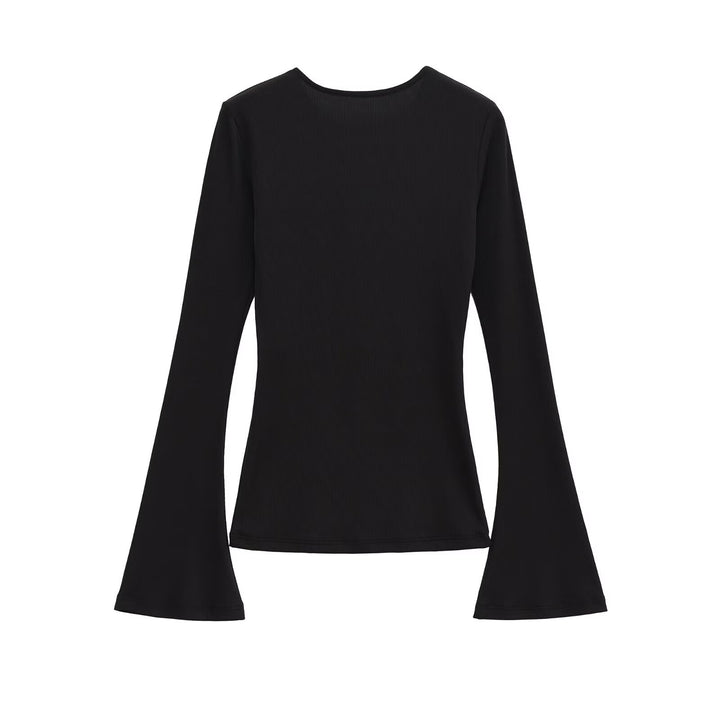 Women's Figure-Hugging Ribbed Shirt with Off-the-Shoulder Neckline and Flared Bell Sleeves Mune Fashion