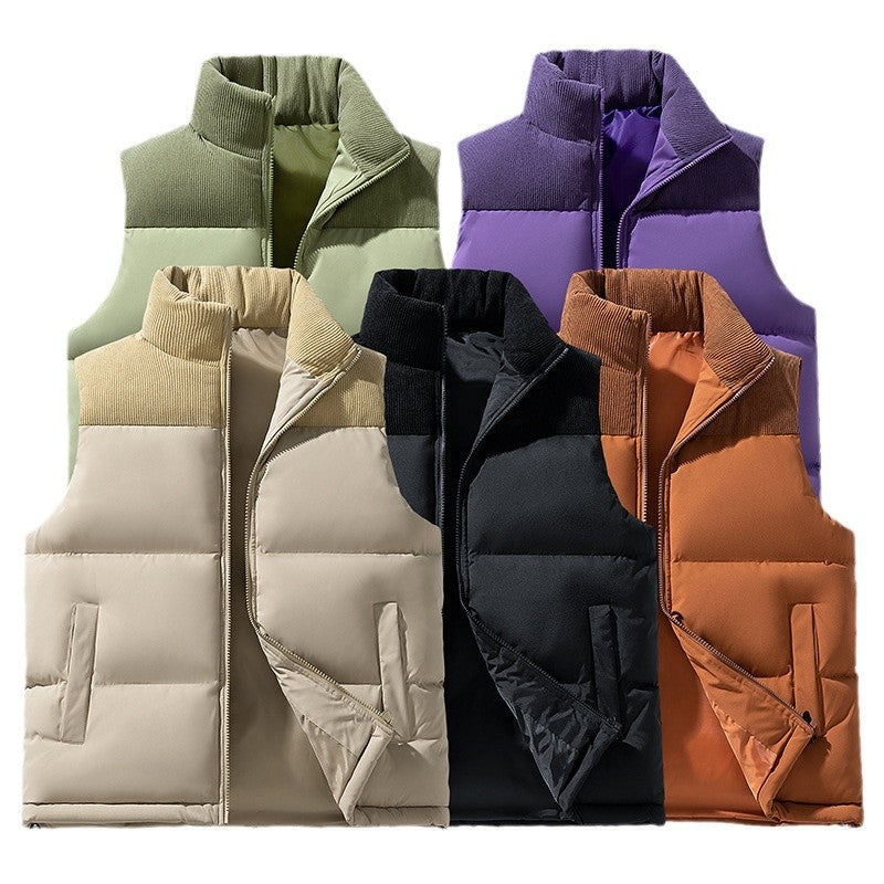 Men's Padded Quilted Vest with Corduroy Shoulder Panel and High Stand Collar Mune Fashion