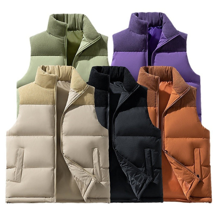 Men's Padded Quilted Vest with Corduroy Shoulder Panel and High Stand Collar Mune Fashion