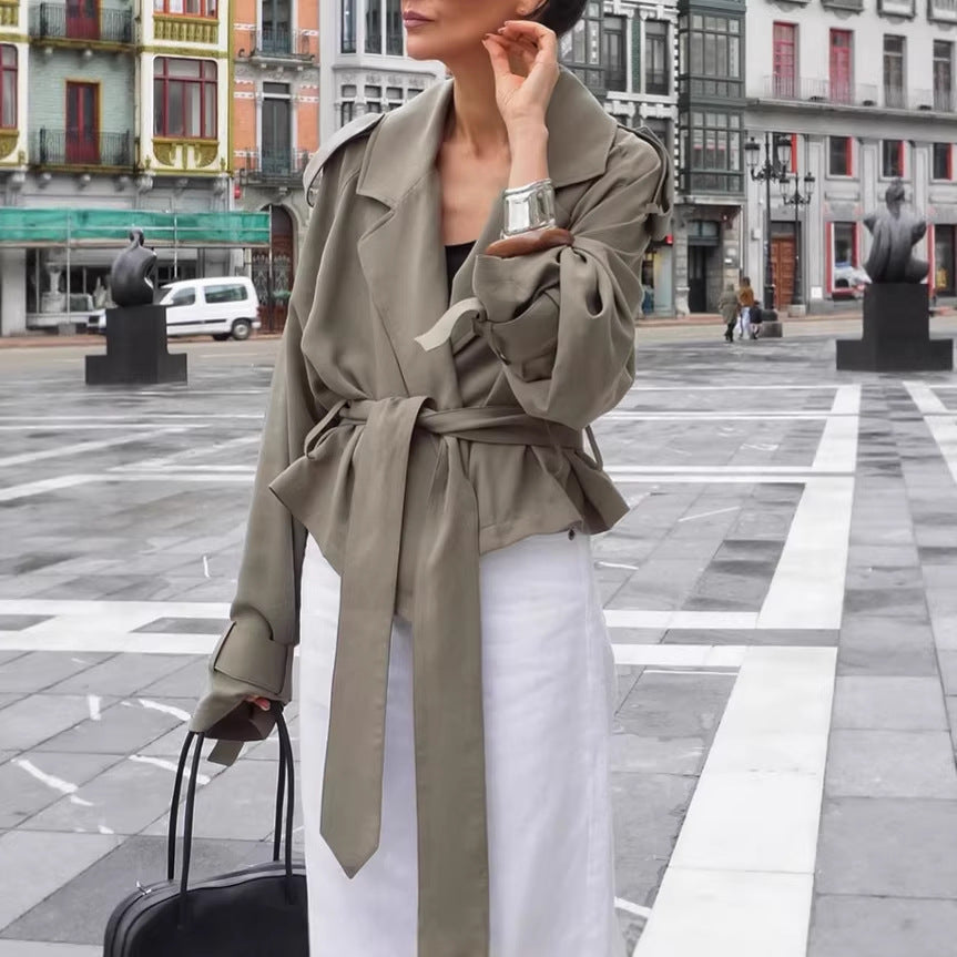 Women Lightweight Short Trench Coat with Wide Lapels, Long Ties and Adjustable Cuffs Mune Fashion