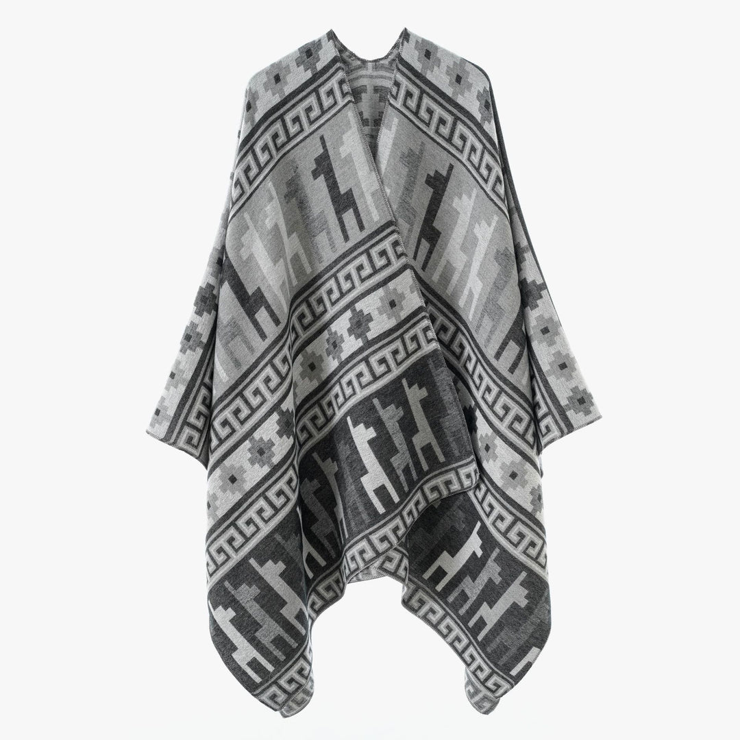Women's jacquard knit poncho with ethnic animal motifs and open kimono cut Mune Fashion