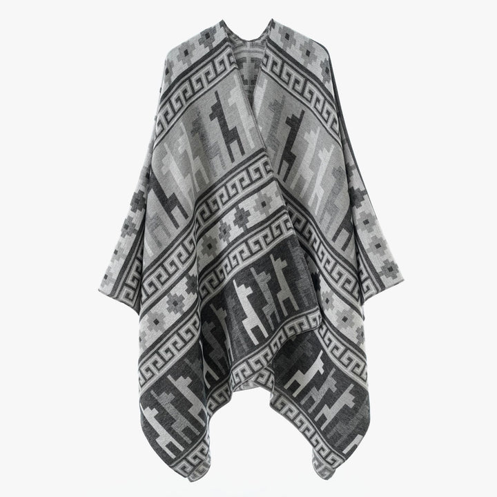 Women's jacquard knit poncho with ethnic animal motifs and open kimono cut Mune Fashion