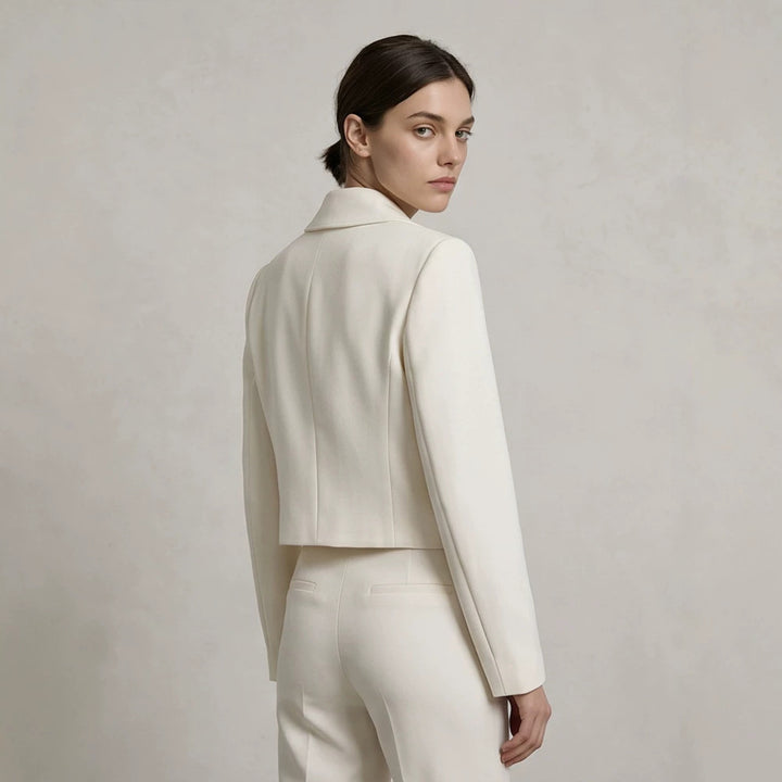 Women's Short Tailored Double-Breasted Shawl Collar Blazer with Emphasized Shoulder Area Mune Fashion