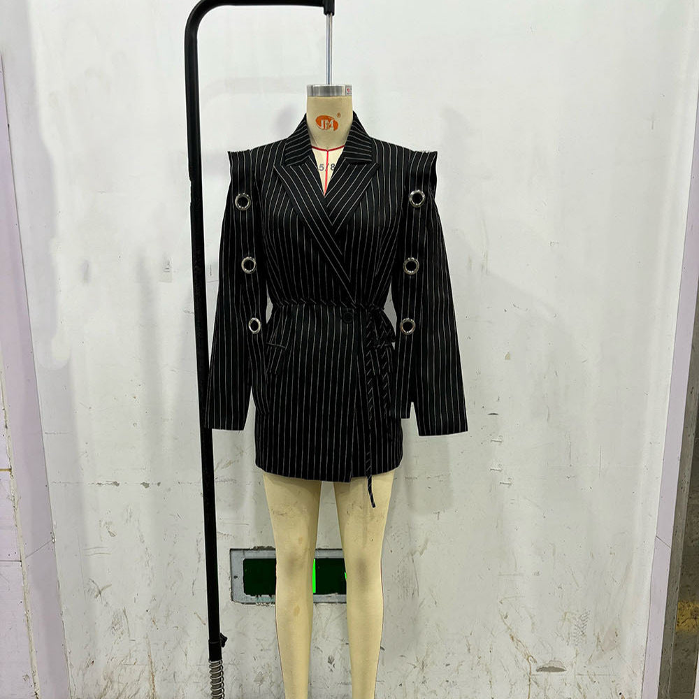 Women's fitted pinstriped blazer with decorative eyelets and drawstring Mune Fashion
