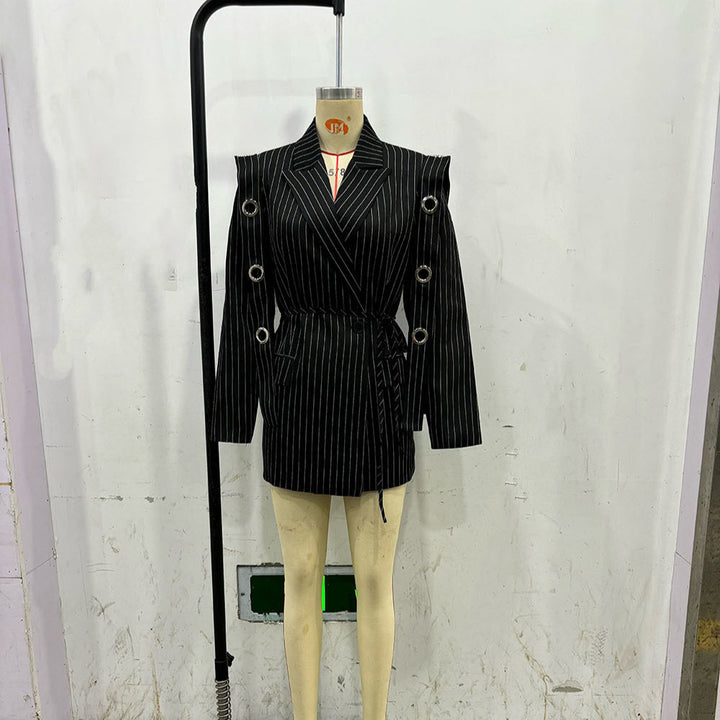 Women's fitted pinstriped blazer with decorative eyelets and drawstring Mune Fashion