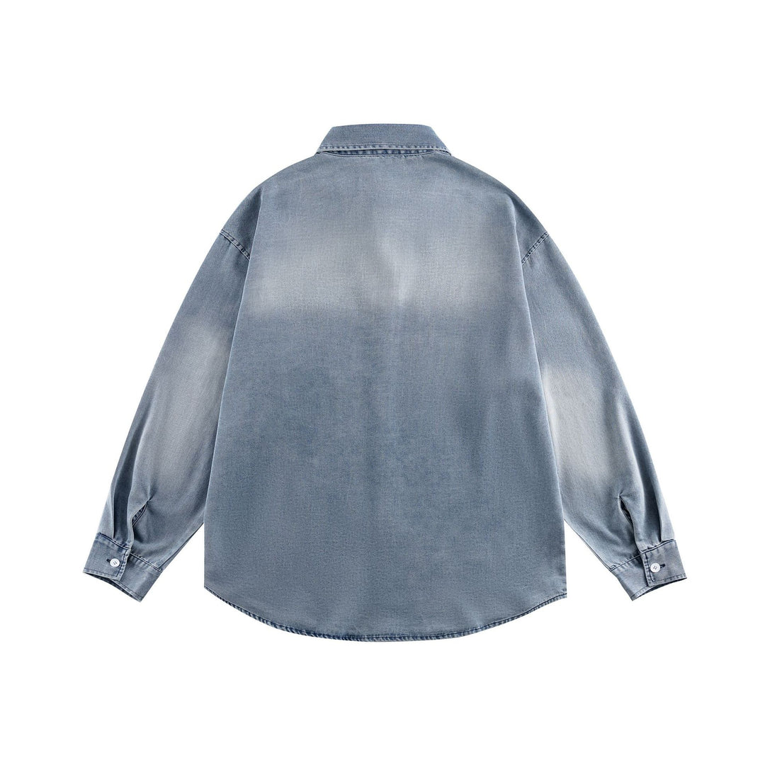 Unisex Oversize Denim Shirt Jacket with Rounded Hem and Embroidered Chest Motif Mune Fashion