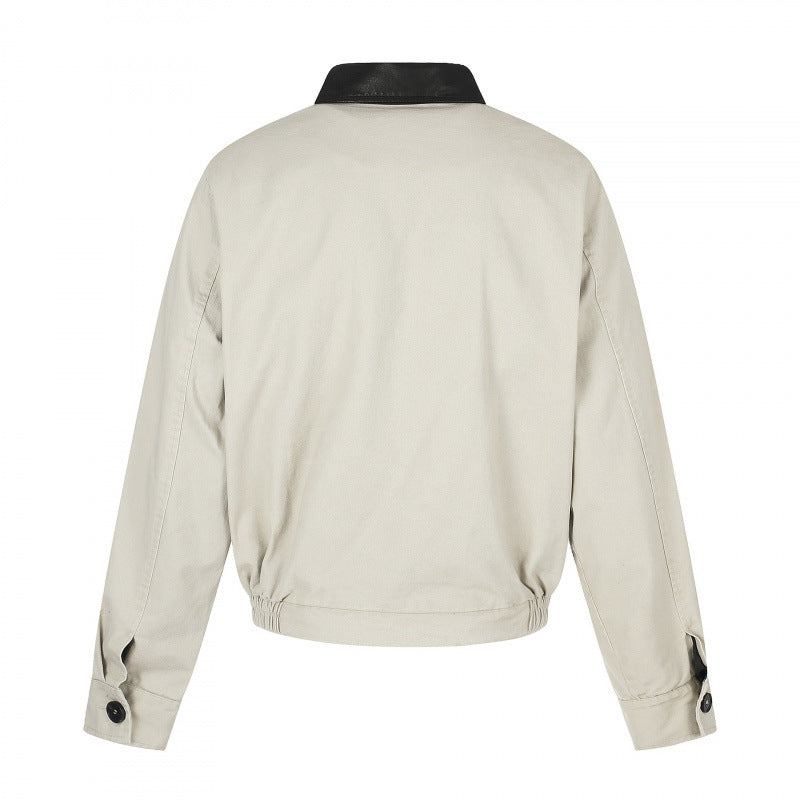 Men's short-cut bomber blouson jacket in vintage canvas with leather collar and waist belt Mune Fashion