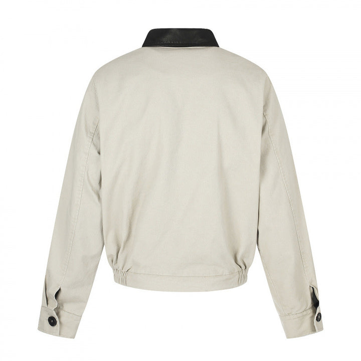 Men's short-cut bomber blouson jacket in vintage canvas with leather collar and waist belt Mune Fashion