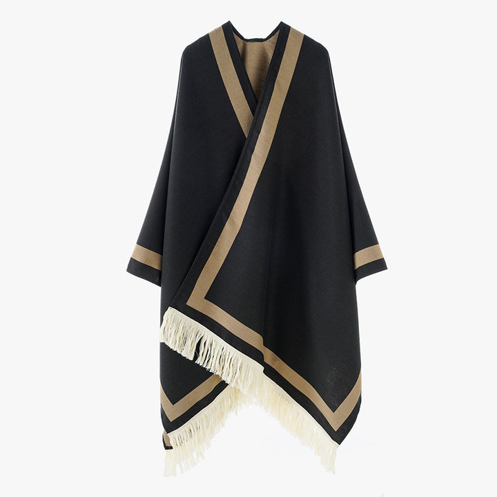Women Rectangular Cape Poncho with Graphic Border Stripe, Fringes and Boxy Silhouette Mune Fashion