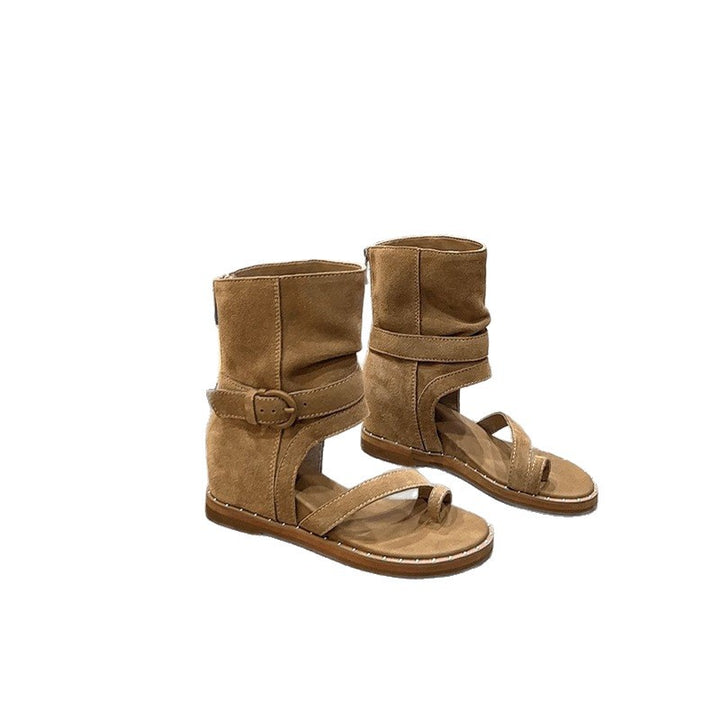 Ladies ankle-high suede sandals with toe ring and adjustable shaft strap Mune Fashion