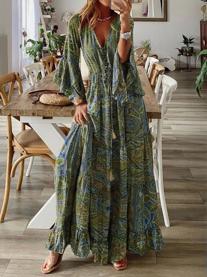 Women’s Boho Maxi Dress with Paisley Print, V-Neck, Ruffle Sleeves, and Waist Tie Belt Mune Fashion