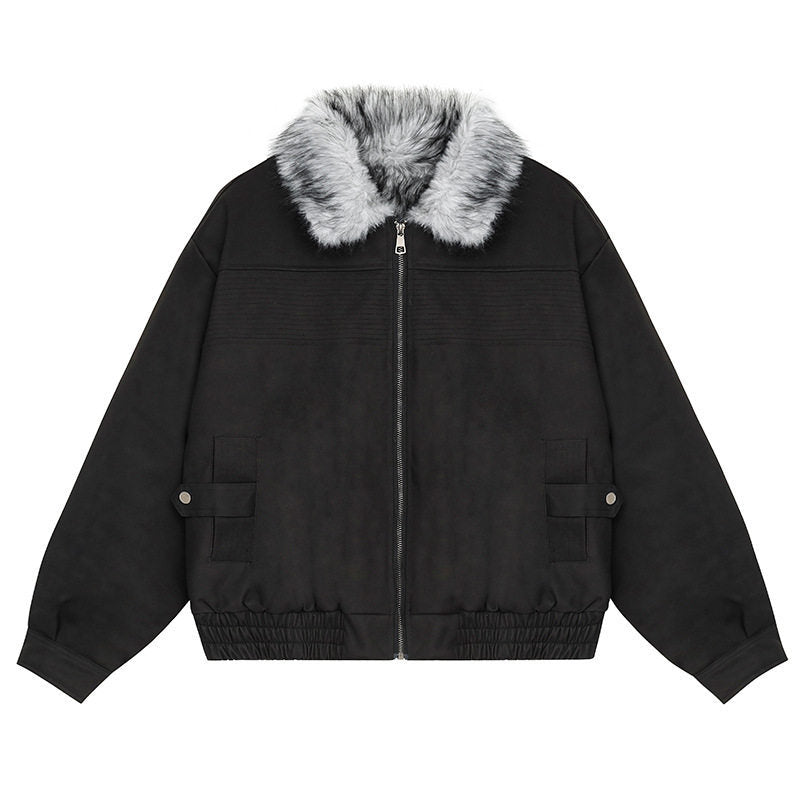 Women's Cropped Bomber Jacket with Faux Fur Collar, Zipper and Elastic Hem Mune Fashion