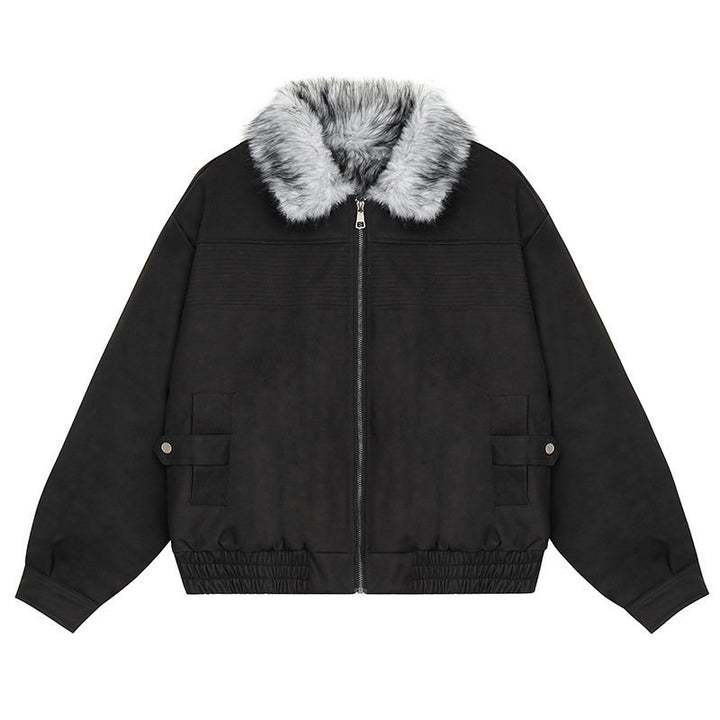 Women's Cropped Bomber Jacket with Faux Fur Collar, Zipper and Elastic Hem Mune Fashion