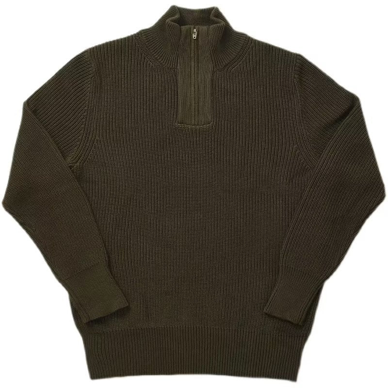 Men's Coarse Ribbed Half-Zip Knit Sweater with Stand-Up Collar Mune Fashion