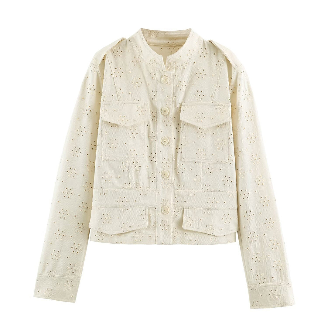 Women's short jacket made of lace embroidery with stand-up collar, utility pockets, and boxy cropped silhouette Mune Fashion