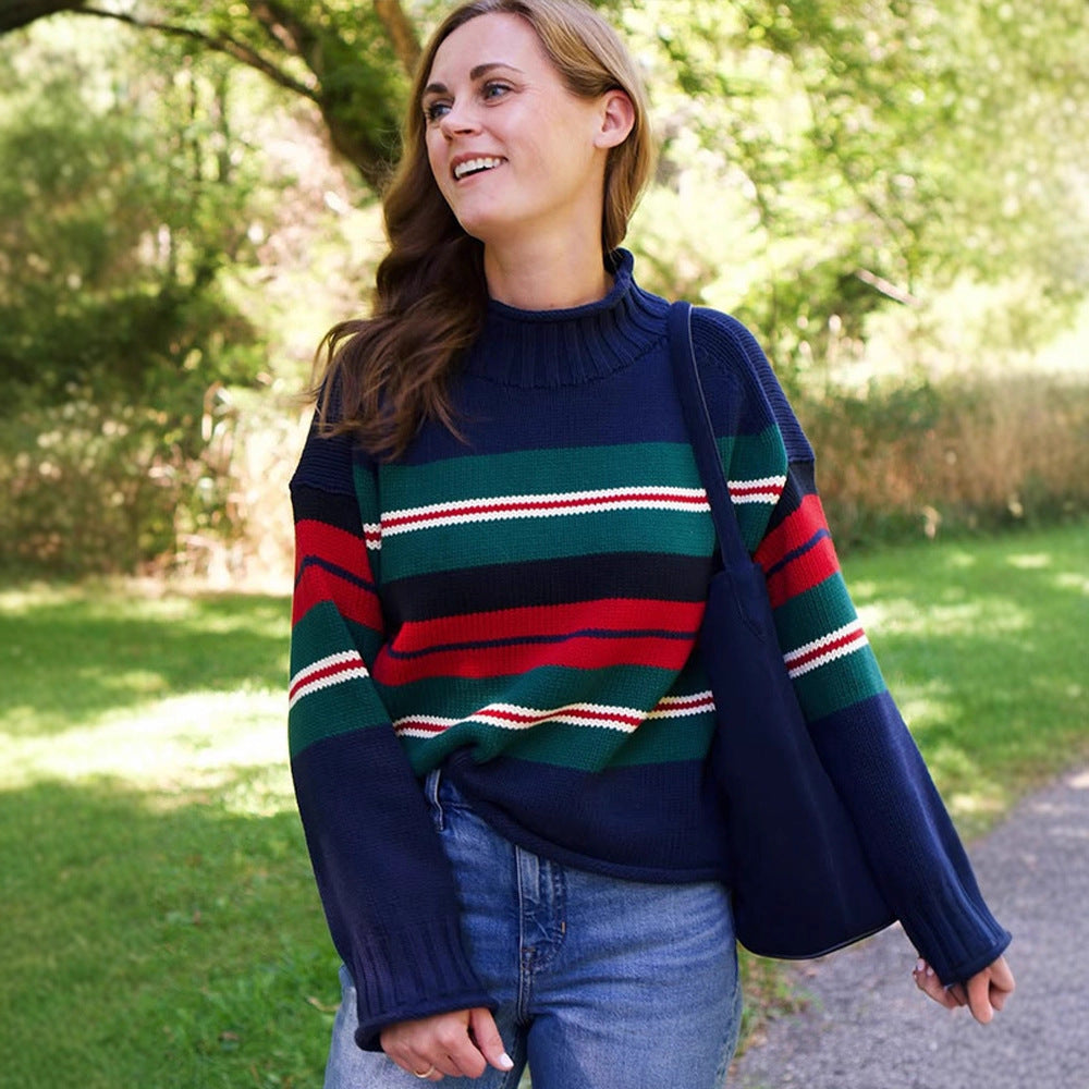 Women Striped Oversize Knit Sweater with Raglan Sleeves Mune Fashion