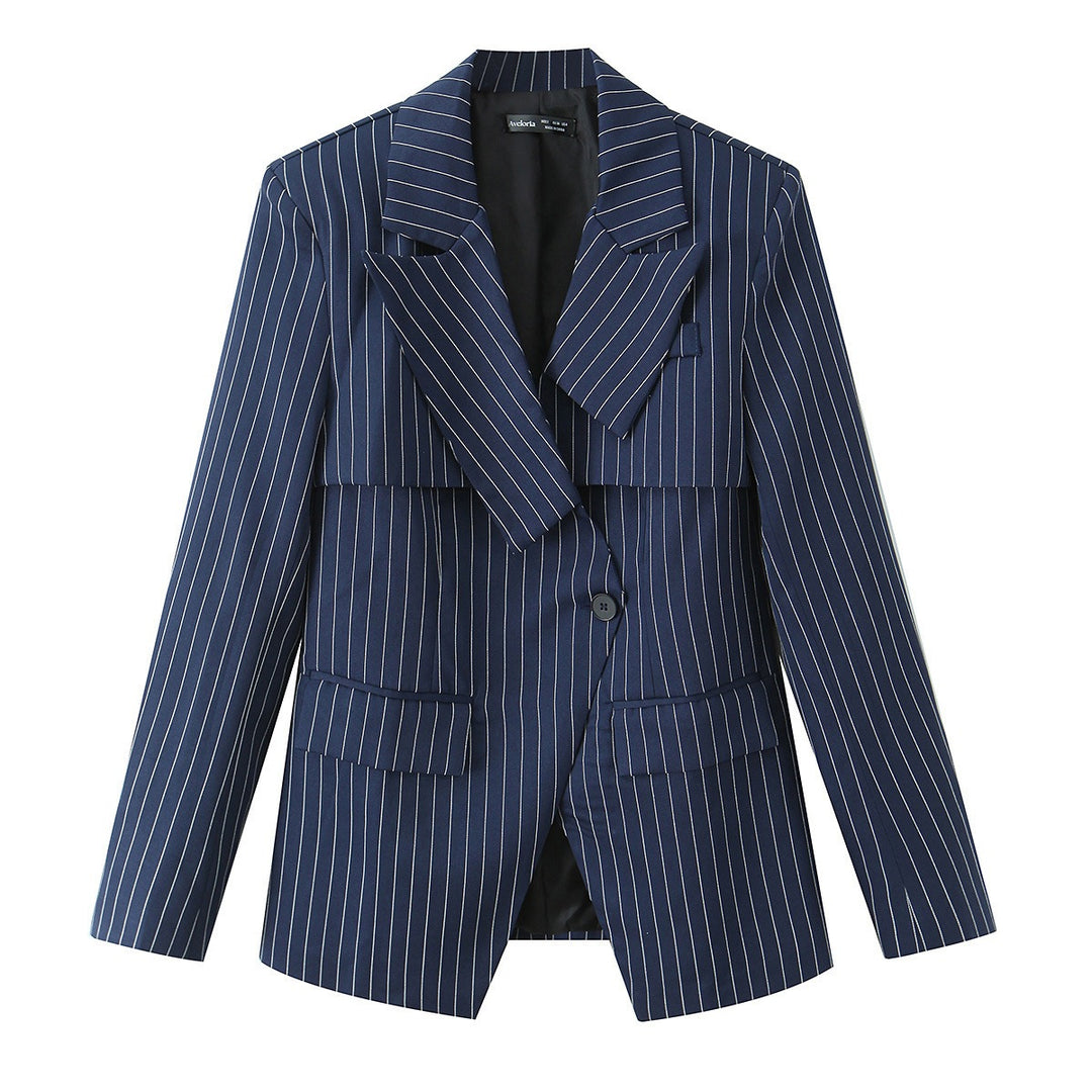 Women Tailored Pinstripe Blazer with Asymmetrical Lapels and Patch Pockets Mune Fashion