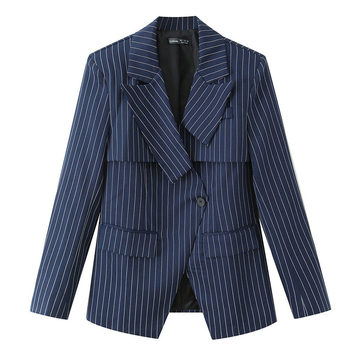 Women Tailored Pinstripe Blazer with Asymmetrical Lapels and Patch Pockets Mune Fashion