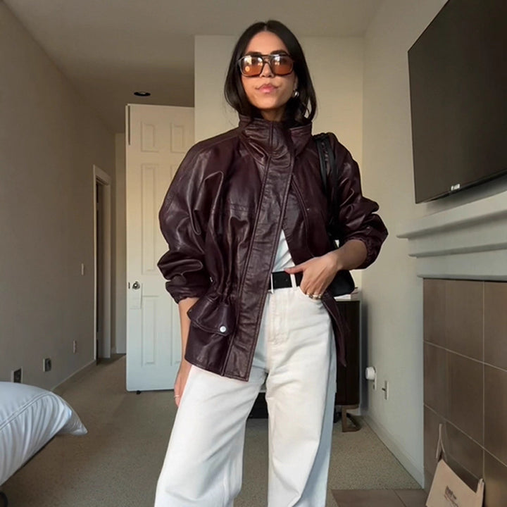 Women's Oversize Faux Leather Blouson with High Stand Collar and Waist Drawstring Mune Fashion