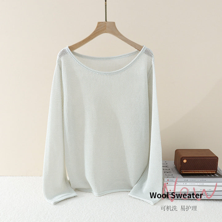 Women Loose Fine Knit Sweater with Boat Neck and Waffle Structure Mune Fashion