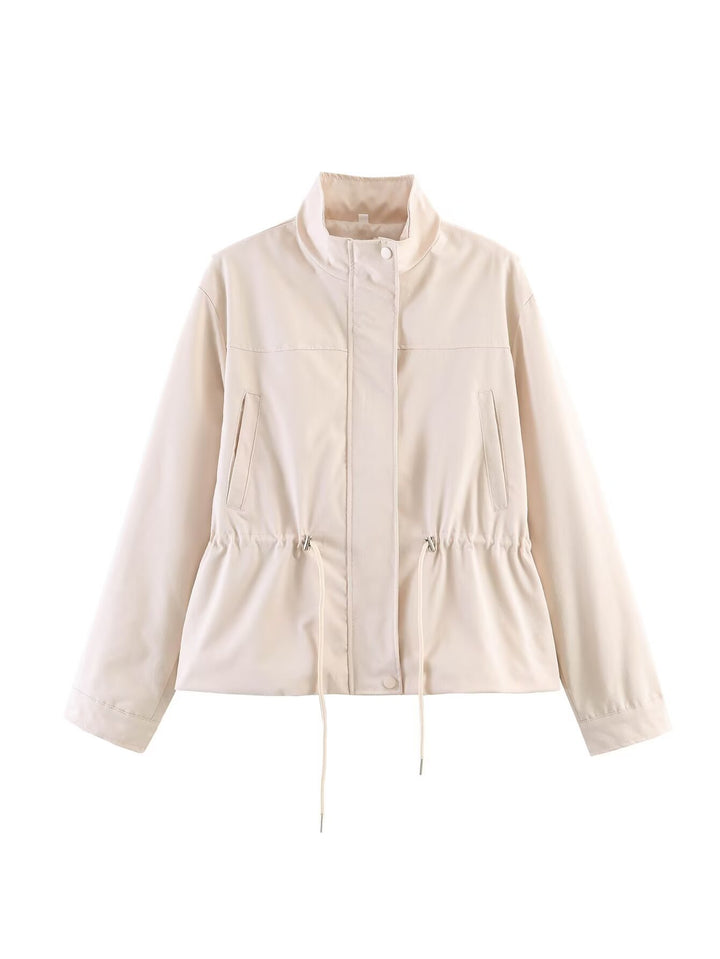 Women Tailored Short Parka with Drawstring, Standing Collar and Concealed Snap Button Placket Mune Fashion