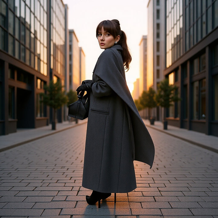Women's Tailored Longline Cape Coat made of Wool Blend with Overlapping Cape Detail Mune Fashion