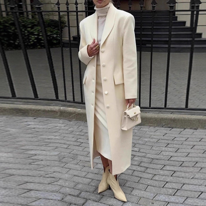 Women's tailored long coat with shawl collar and peplum waist Mune Fashion