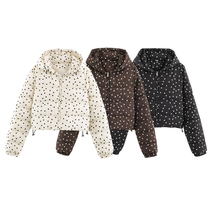 Women's Padded Cropped Hooded Jacket with Polka Dot Pattern Mune Fashion