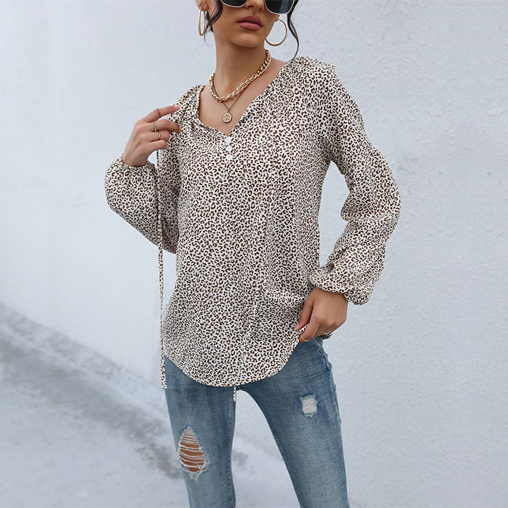 Women's Casual Tunic-Blouse with Fine Leopard Print, Button Placket and Balloon Sleeves Mune Fashion