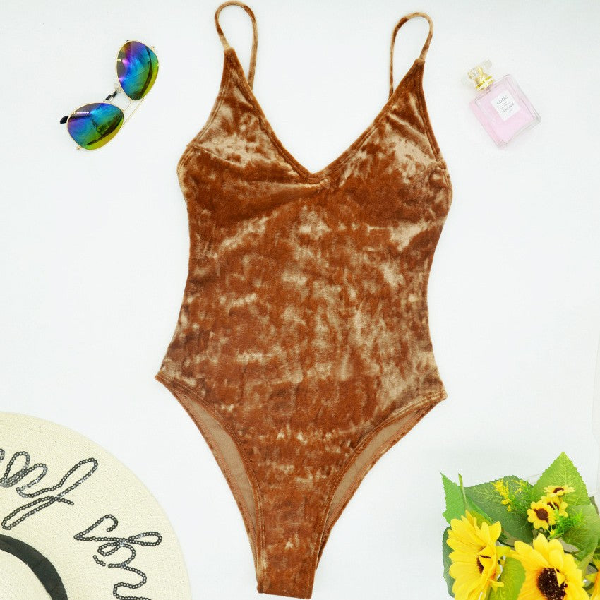 Women's one-piece swimsuit with elegant V-neck and sensual velour Mune Fashion