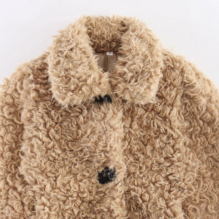 Women's short boucle teddy jacket with curly woven texture, shirt collar, and button closure Mune Fashion