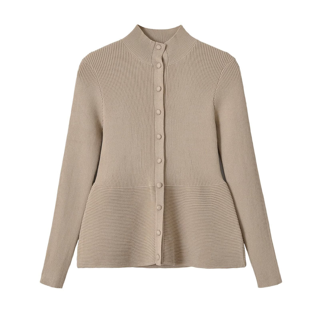 Women’s Structured Ribbed Knit Cardigan with Stand-Up Collar and Waist Seam Mune Fashion