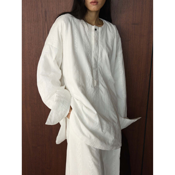 Women Oversized Structured Long Blouse with Round Neck and Extended Hem Mune Fashion