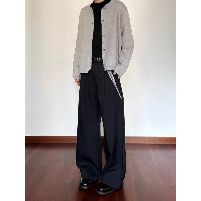Men's Wide Suit Trousers with High Waist and Check Pattern Inserts Mune Fashion