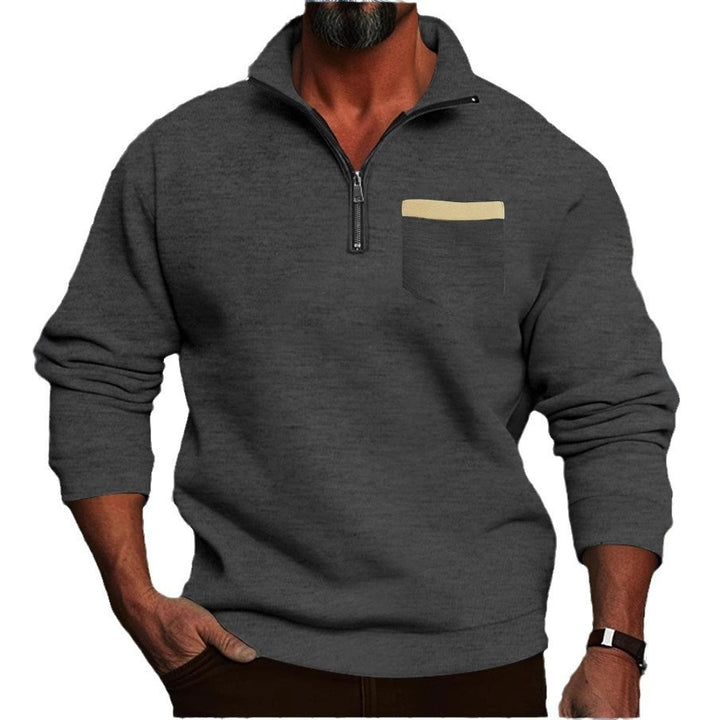 Men's finely structured half-zip fine knit pullover with stand-up collar, chest pocket, and slim silhouette Mune Fashion