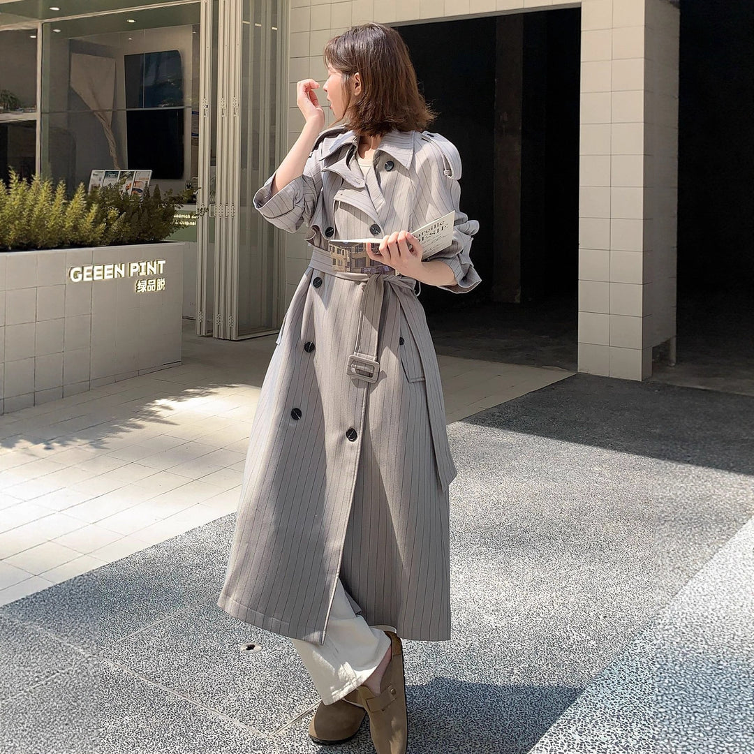 Women Elegant Maxi Long Pinstripe Trench with Shoulder Pads and Gathered Sleeves Mune Fashion