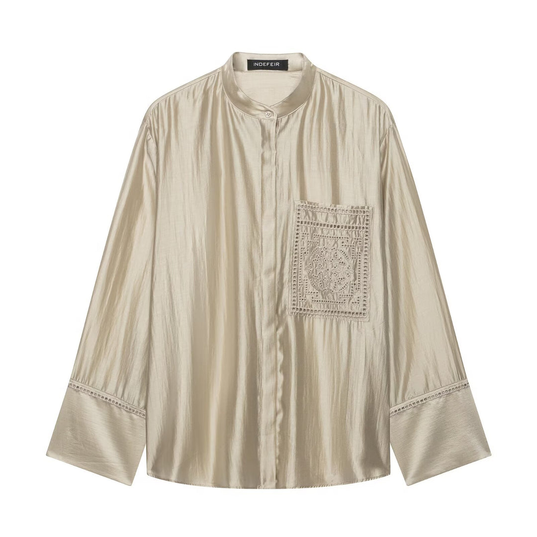 Women's Oversize Silk Look Blouse with Stand Collar and Embroidered Chest Pocket Mune Fashion