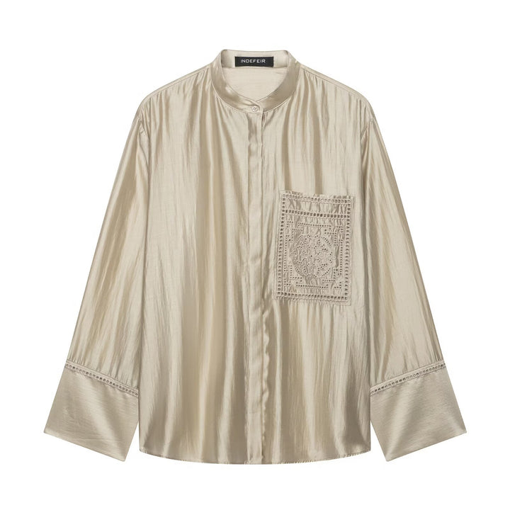 Women's Oversize Silk Look Blouse with Stand Collar and Embroidered Chest Pocket Mune Fashion