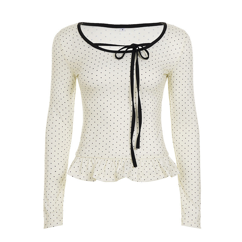 Women's fitted long sleeve with frill hem, drawstring and fine polka dot pattern Mune Fashion