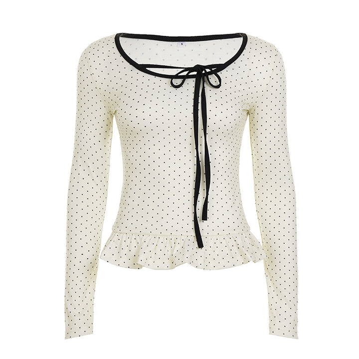 Women's fitted long sleeve with frill hem, drawstring and fine polka dot pattern Mune Fashion