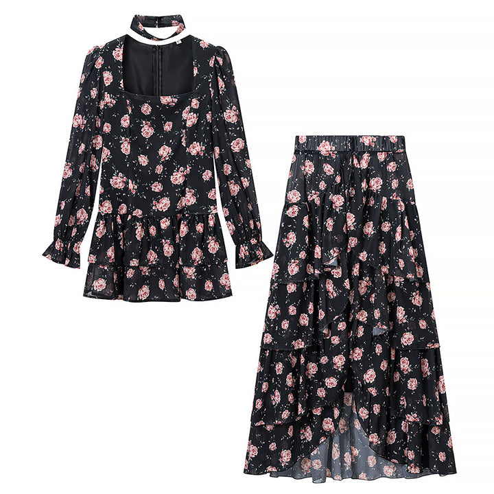 Women’s Two-Piece Chiffon Set – Tailored Ruffle Blouse with Square Neckline, Choker and Tiered Wrap Maxi Skirt Mune Fashion