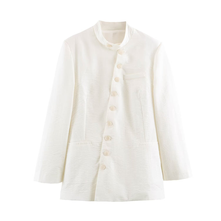 Women's longline jacket with stand-up collar and asymmetric button placket Mune Fashion